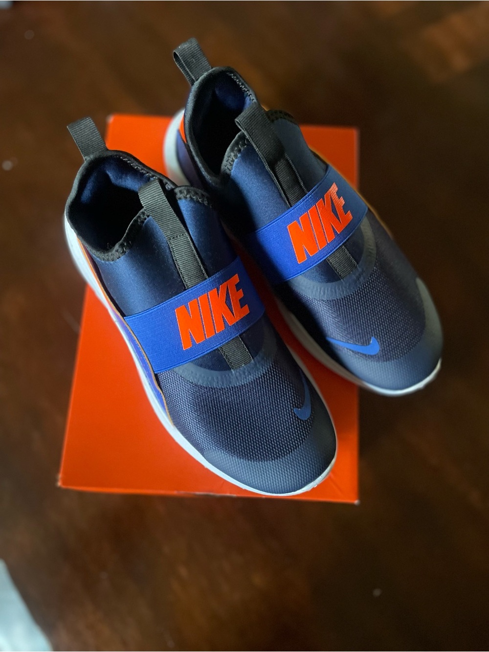 Nike Kids Flex Runner Slip-On Sneakers in Navy and Bright Orange